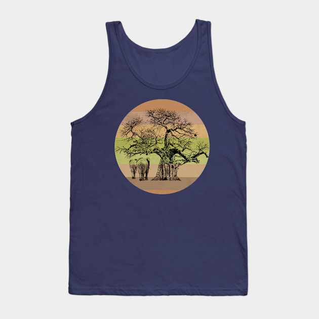 Baobab Tree and Elephants on Retro-style Sunset in Africa Colors Tank Top by scotch